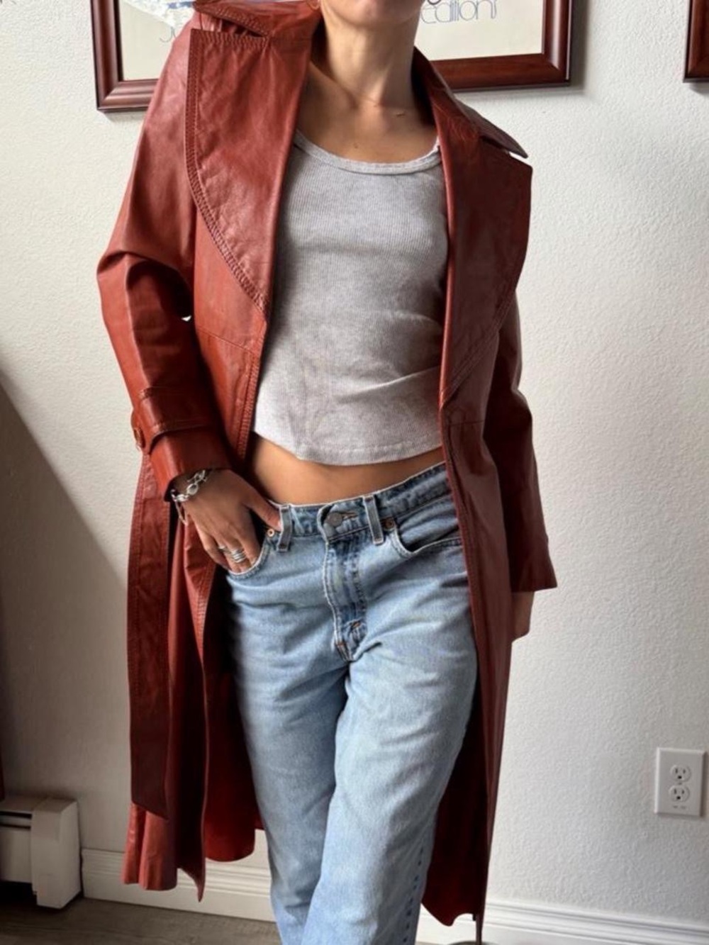 Women’s Rust Brown Leather Trench Coat made in Korea